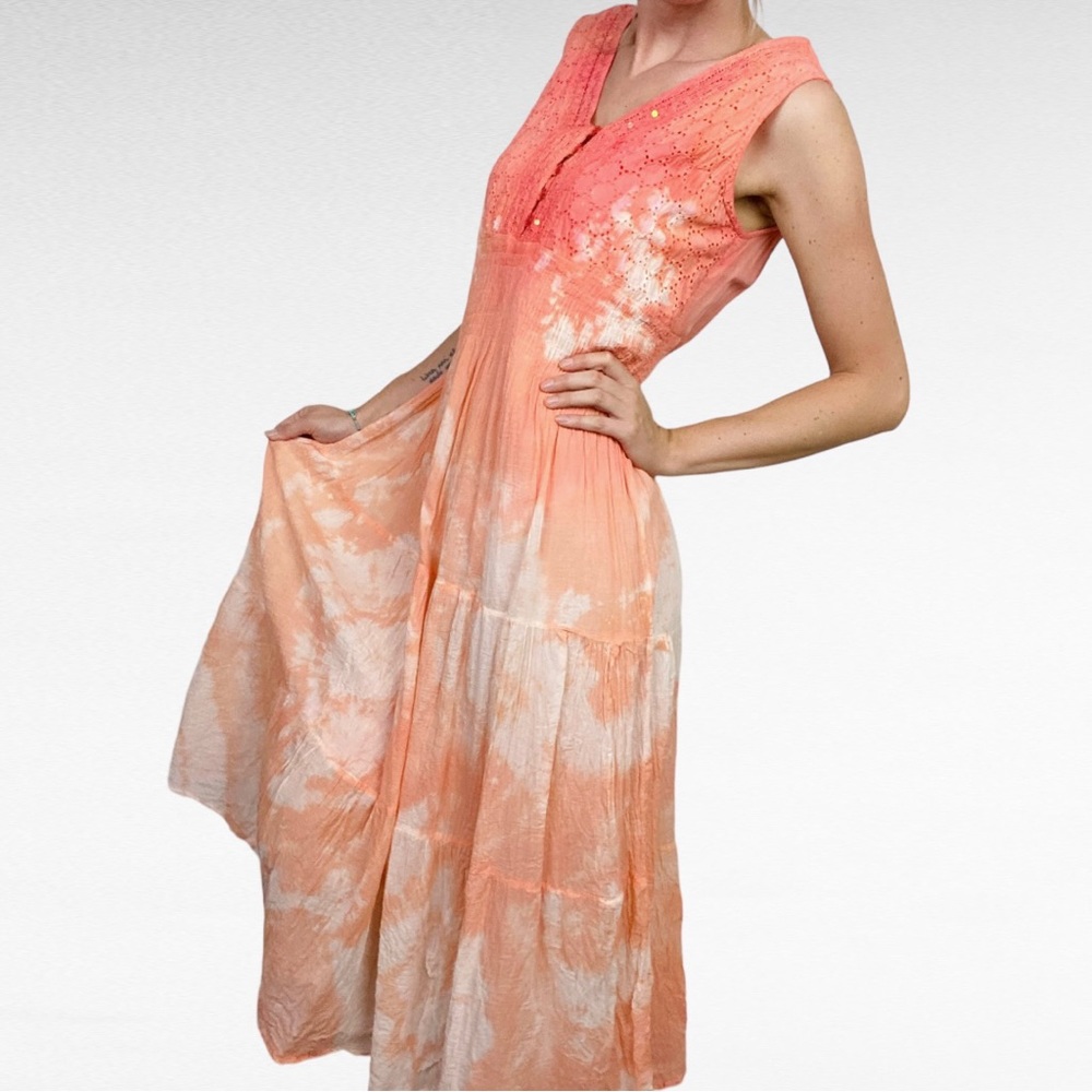 VINTAGE | R.S. Fashion Coastal Coral Tie Dye Embroidered Sequin Sleeveless Dress - Picture 3 of 8